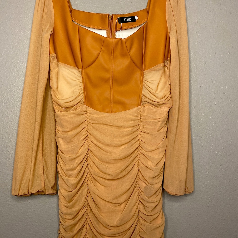 Tan leather ruched mini dress